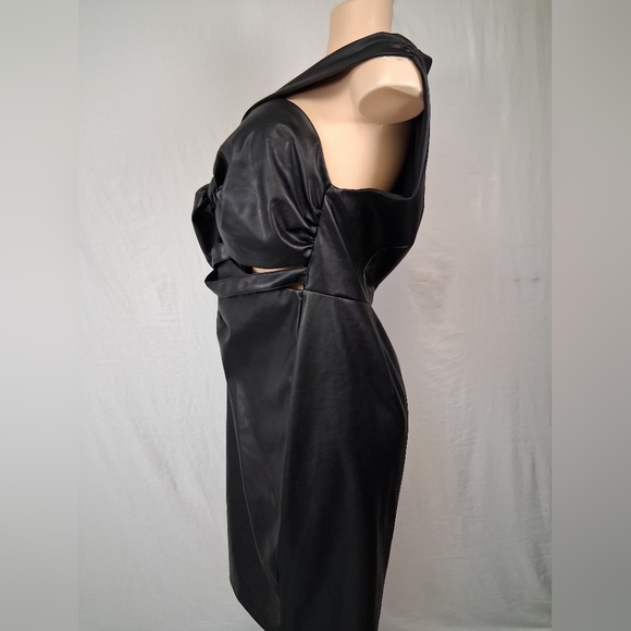 FTF Strapless Black Faux Leather Knot-Front Evening Dress Midi - Picture 11 of 16